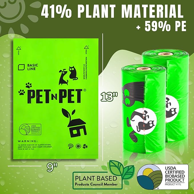 Pet N Pet 1080 Counts Green Poop Bags for Dogs, 41% Plant Based & 59% PE Extra Thick Dog Poop Bags Rolls, 9" x 13", Unscented Pet Waste Bag