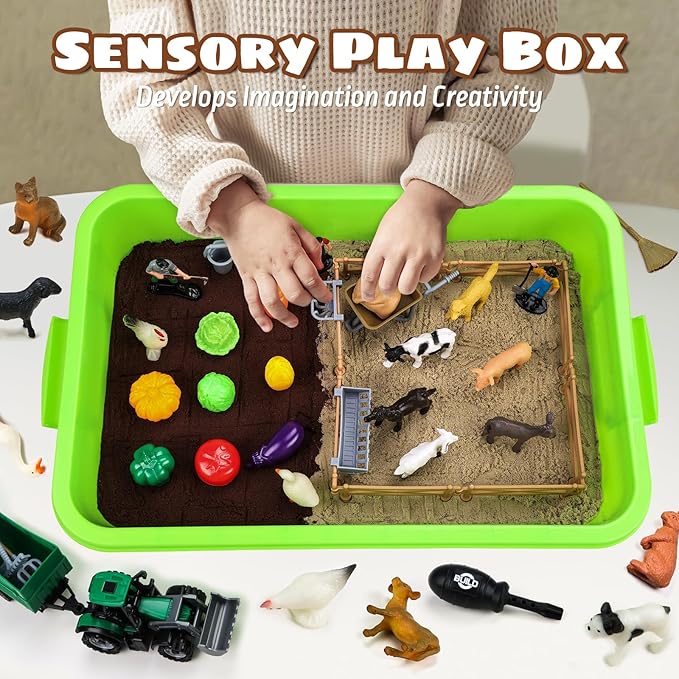 69 PCS Farm Sensory Bin Toys Playset, Sandboxes with Sand, Farmer Tractor & Farm Animals Figures Toys for Kids 3 4 5, Gifts for 6 7 Years Old Boys Girls Toddlers