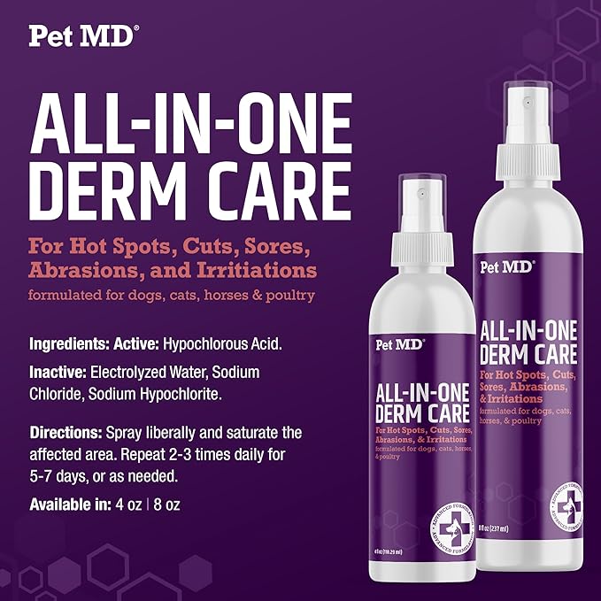 Pet MD All-in-One Derm Care - Hypochlorous Acid Spray for Dogs & All Pets - Skin Soother for Dogs & Wound Spray for Dogs - Cat Wound Care, Dog Hot Spot Remedy, & Dog Itch Relief - 4oz