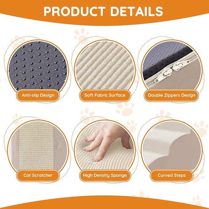 Dogs Steps for Bed, Dog Stairs for Small Dogs, 2-Step Dog Ramp for Bed, Couch, Sofa, and Chairs, Non-Slip Bottom Design, Cat Scratching, High Density Foam Portable Pet Step, Indoor, Beige