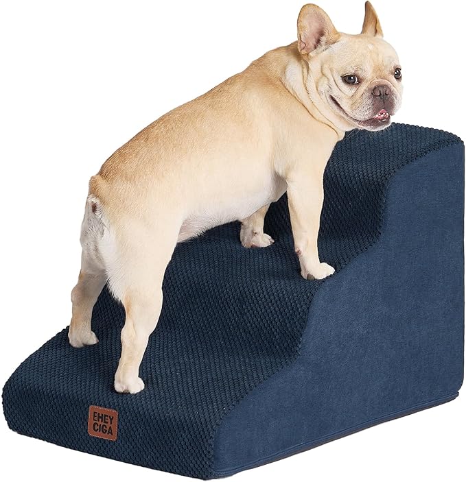 EHEYCIGA Curved Dog Stairs Ramp for Small Dogs 15.7" H, 3-Step Dog Steps for Couch Sofa and Chair, Pet Stairs for Cats, Non-Slip Balanced Pet Steps Indoor, Navy