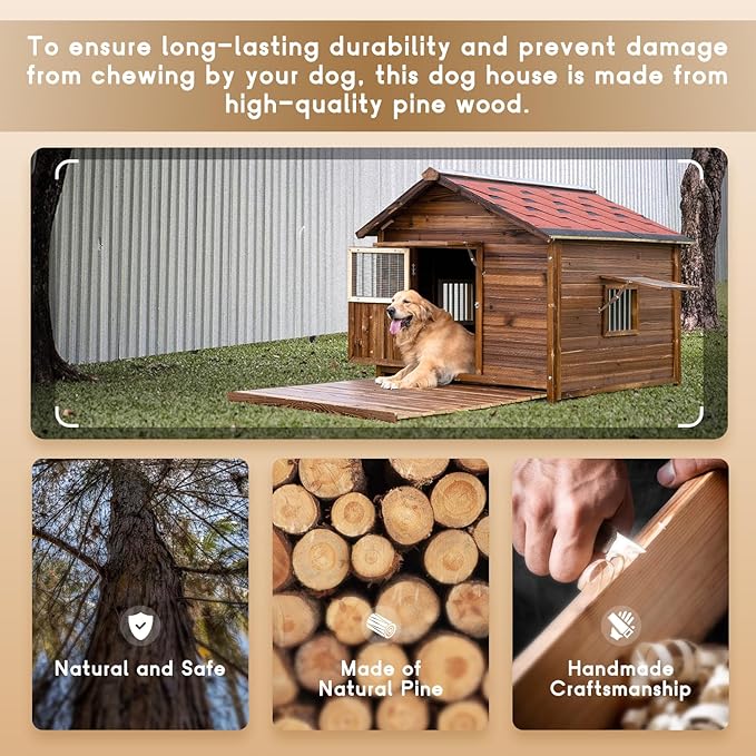 Extra Large Dog House Outdoor Made of Solid Pine Wood, Warm Doghouse, Dog House with Elevated Floor for Large Dogs, (Wood, 4XL)