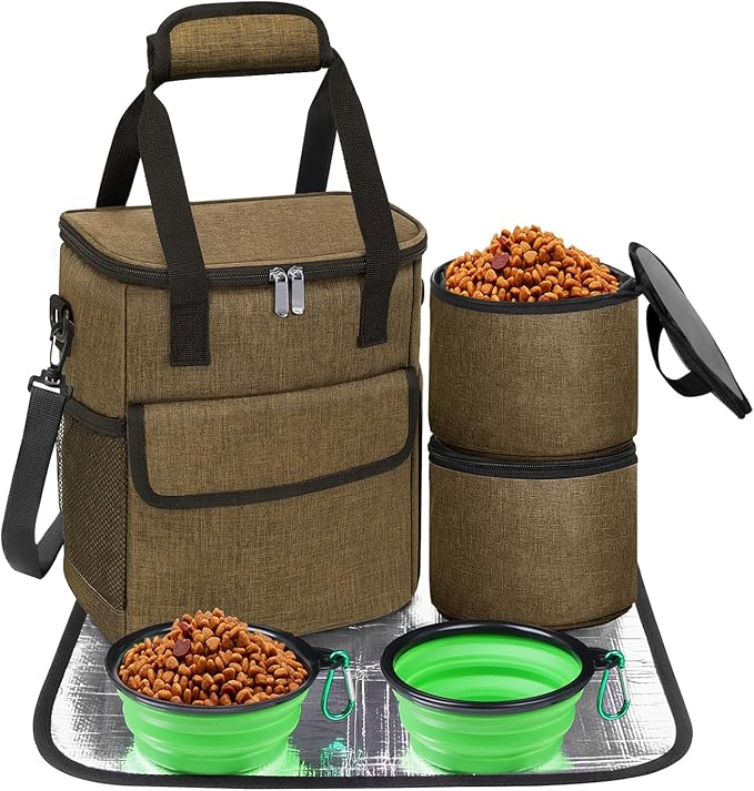 Dog Travel Bag for Camping - Pet Travel Accessories with 2 Collapsible Bowls, 2 Food Containers & Waterproof Feeding Mat - Portable Dog Carrier, Coffee (Small)