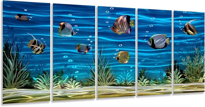 SYGALLERIER School Of Fish Metal Wall Art Handcrafted 3D Coastal Aluminum Artwork Modern Abstract Sea Styles Wall Accent in Blue Green Silver Color for Living Room Bedroom Bathroom Decor
