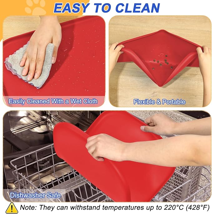Silicone Pet Feeding Mat with Raised Edge for Food and Water, Dog Bowl Mats, Cat Bowls Placemat with High Lip for Floor Waterproof, Rubber Tray for Cats and Dogs 19 x 12 x0.7 Red