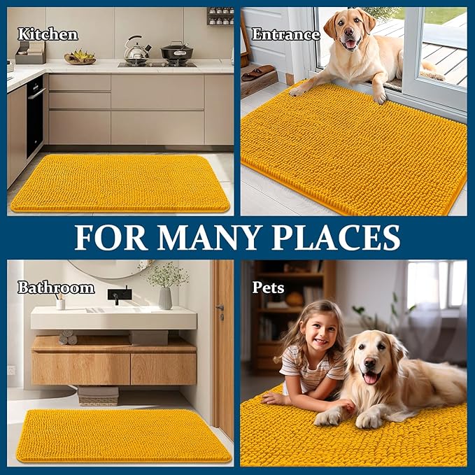 OLANLY Dog Door Mat for Muddy Paws 24x16, Absorbs Moisture and Dirt, Absorbent Non-Slip Washable Doormat, Quick Dry Chenille Mud Mat, Entry Indoor Entryway Carpet for Inside Floor, Golden Yellow