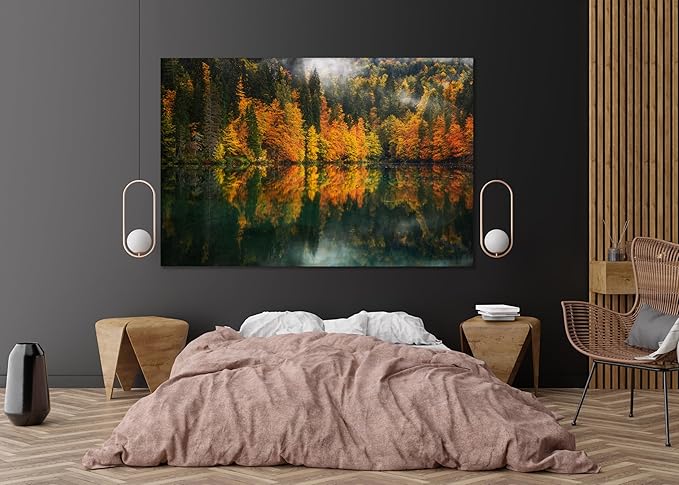 Nature Wall Art Prints - Ocean Forest Mountain Lake Canvas Landscapes - Small to Extra Large Living Room Bedroom Kitchen Bathroom Décor (Autumn by the Lake, 20L" x 30W")