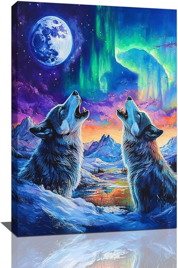 Wolf Wall Art Wolves Canvas Wall Decor Prints Framed Painting Aurora Pictures Gifts Artwork for Bathroom Bedroom Living Dining 16"x24"