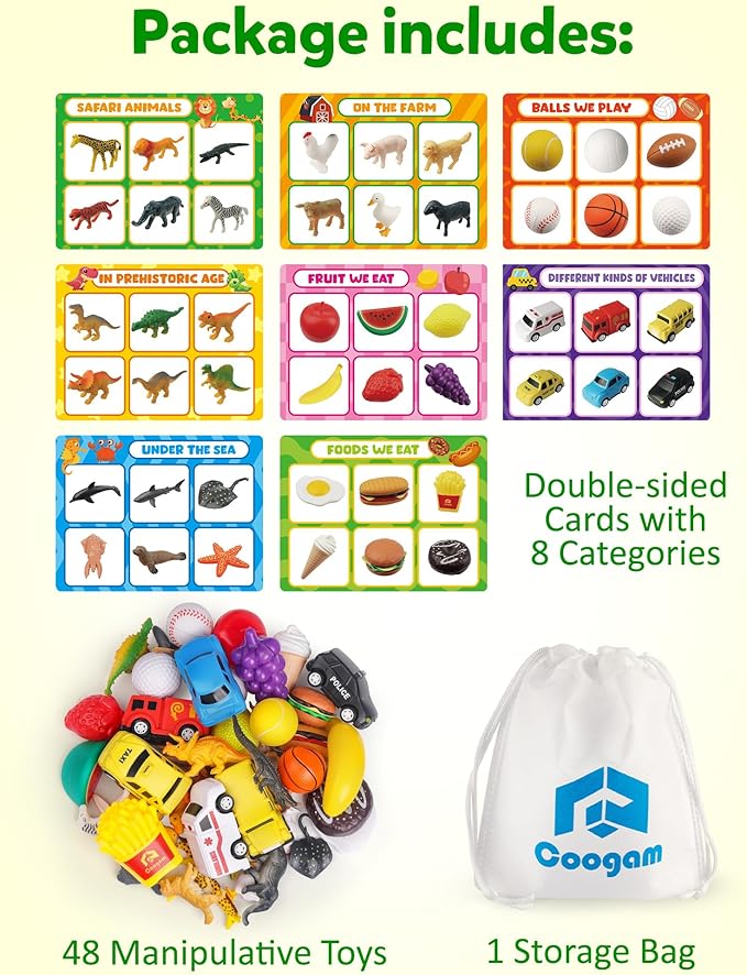 Coogam Sorting Toy for Toddlers, Animals Dinosaurs Fruits Vehicles Foods Fishes Balls Farm Playset, Fine Motor Montessori Game Preschool Educational Learning Gift for Year Old Kids