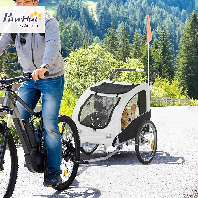 Aosom Dog Bike Trailer 2-in-1 Pet Stroller with Canopy and Storage Pockets
