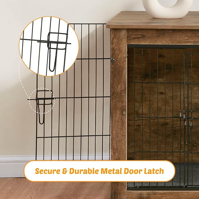 Dog Kennel Furniture, Wooden Dog Crate End Table with Dual Doors, Chew-Proof Design & Cushion, Heavy Duty Dog Crate, Decorative Pet Crate Dog Cage for Indoor (27 Inch)