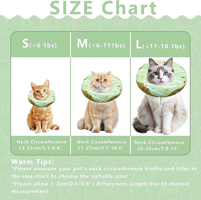 Cat Cone Collar Soft, Adjustable Cat Recovery Collar Kitten Cones to Stop Licking, Cute Donut E Collar After Surgery, Cats Neck Pillow Cone Elizabethan Cones of Shame (Waterproof Green, Small)