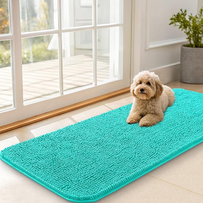OLANLY Dog Door Mat for Muddy Paws 47x20, Absorbs Moisture and Dirt, Absorbent Non-Slip Washable Doormat, Quick Dry Chenille Mud Mat for Dogs, Entry Indoor Entryway Carpet for Inside Floor, Teal