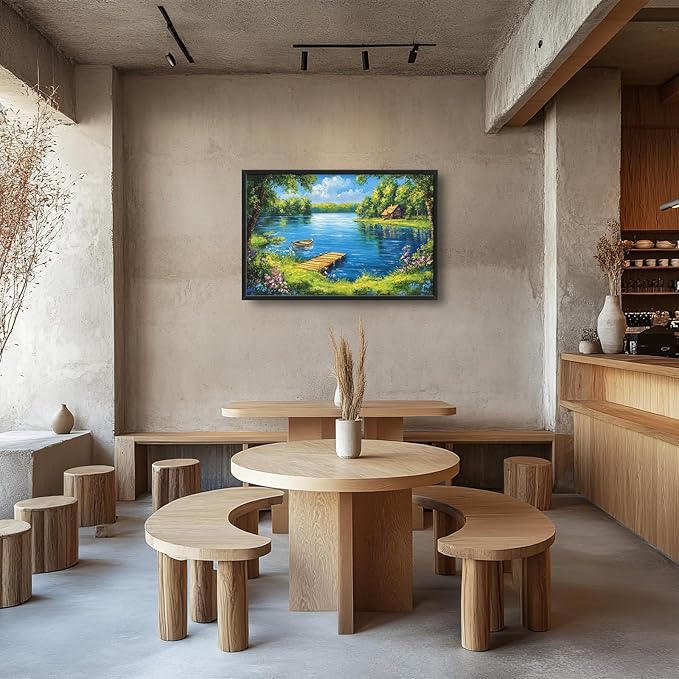 Large Lake Cabin Wall Art for Living Room, Framed Oversized Tree Boat Wildflowers Wall Decor Nature Landscape Canvas Painting Modern Artwork for Bathroom Bedroom Office Dining Room 36"x24"