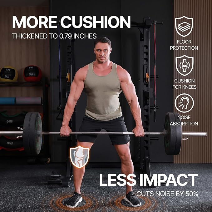 AIRHOP 0.79in Thick 48 Sq Ft Exercise Equipment Mats, 12 Tiles Upgraded Rubber Top with High Density EVA Foam, Large Interlocking Puzzle Gym Flooring for Home Gym, Heavy Weight Workout,Black & Blue