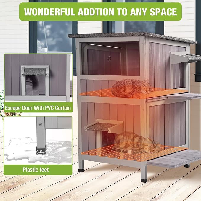 GUTINNEEN Outdoor Heated Cat House for Winter, Weatherproof Wooden Feral Cat Shelter with Escape Door, Heating Pad & Removable Mat(AIR14-Heated)