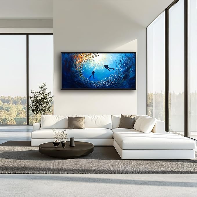 Large Ocean Diving Wall Art for Living Room, Framed Oversized Fish Wall Decor Underwater Marine Life Canvas Painting Modern Artwork for Living Room Bathroom Bedroom Office Dining Room 60"x30"