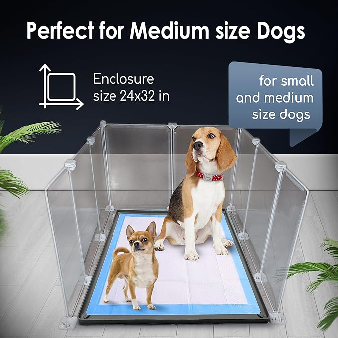 TidyFriend Litter Box Splash Guard 24” x 32”, Small Dog Litter Box Shield Guard with Pee Pad Holder Tray Fits for 30" x 23” Training Pad, Easy to Clean, Indoor (White Enclosure with Grey Peepad Tray)