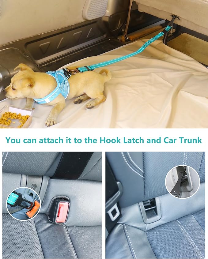 AUBELL Dog Seat Belt for Car,Updated 3-in-1 Adjustable Reflective Bungee Heavy Duty Dog Car Harness Tether with Clip Hook Latch & Buckle,Swivel Zinc Alloy Carabiner,Teal