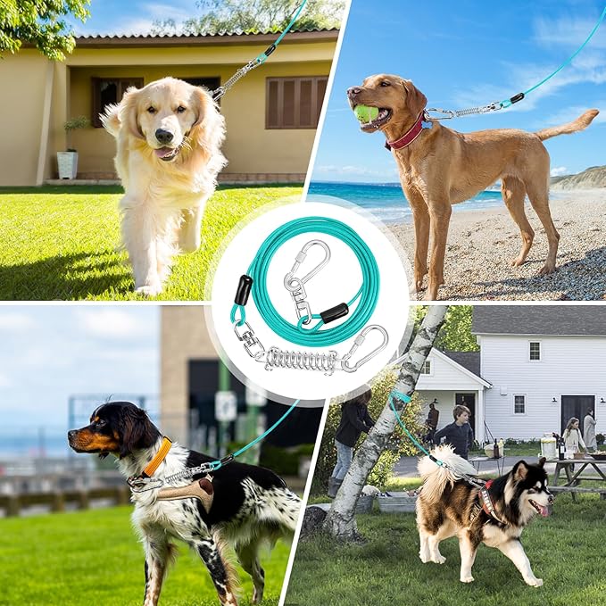 Jenico Dog Tie Out Cable - 10/15/20/30/40/50/70/100/150FT Runner Cable with Swivel Hook and Shock Spring, Leash Tether for Yard, Outdoor and Camping, for Small to Medium Pets Up to 500 LBS