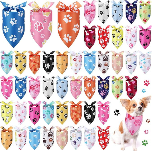 Abbylike 50 Pcs Paw Print Dog Bandanas Bulk Soft Triangle Scarves for Pets Party Costume Doggie Walking Photo Props Bibs for Pets Shops Adoption Events Halloween Party Gifts(25.6 x 17.7 x 17.7 Inch)