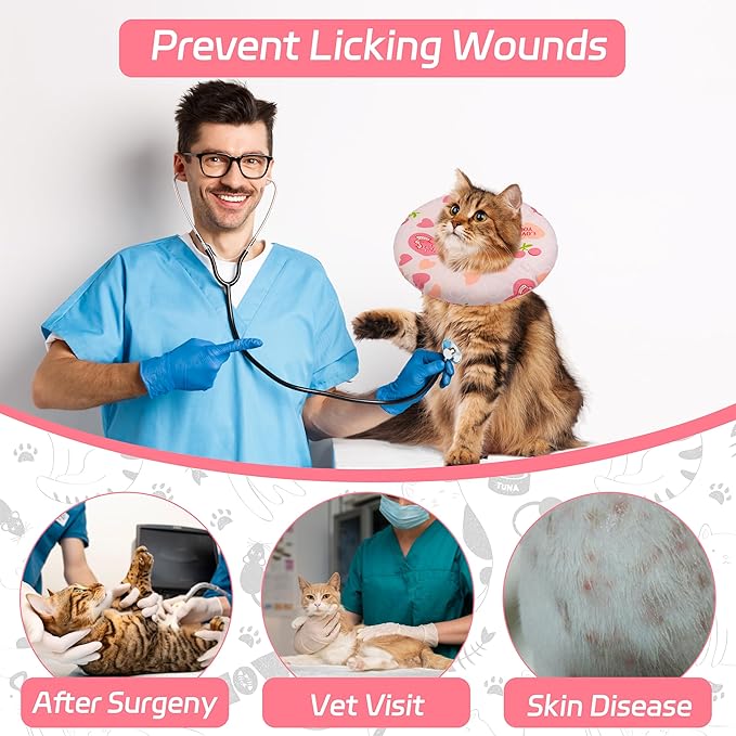 Cat Cone Soft Collar - Adjustable Recovery E Collar for Small, Medium, Large Cats - Cute Donut After Surgery, Anti-Lick Wound Healing Elizabethan for Kittens (Pink Heart, Medium)