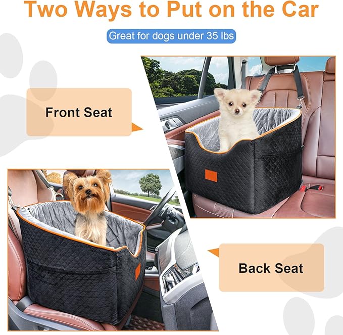 Dog Car Seat for Small Dogs, Memory Foam Booster Dog Seat for Dogs up to 35 lbs, Elevated Pet Car Seat with Washable Removable Cover, Storage Pockets(Black/Gray)