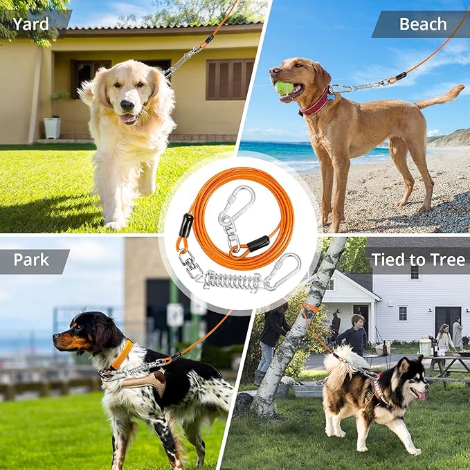 jenico Dog Tie Out Cable - 25ft Dog Lead for Yard - Heavy Duty Dog Chain with Shock Spring - Outdoor Tether Leash for Small Large Dogs Up to 500 lbs