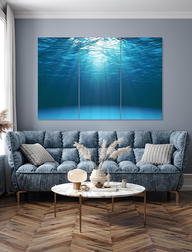 Nature Wall Art Prints - Ocean Forest Mountain Lake Canvas Landscapes - Small to Extra Large Living Room Bedroom Kitchen Bathroom Décor (Sun Rays Under Water, 39L" x 59W" - 3 Panels)