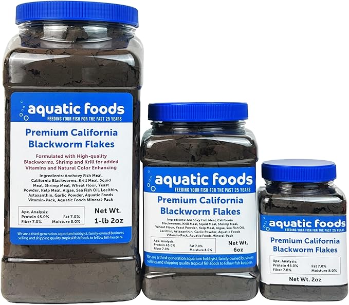 Aquatic Foods Inc. California Blackworm 45% Protein Premium Flakes for Discus, Cichlids, All Tropical Fish Also Pellet Mix, Wafer Mix Included…2oz