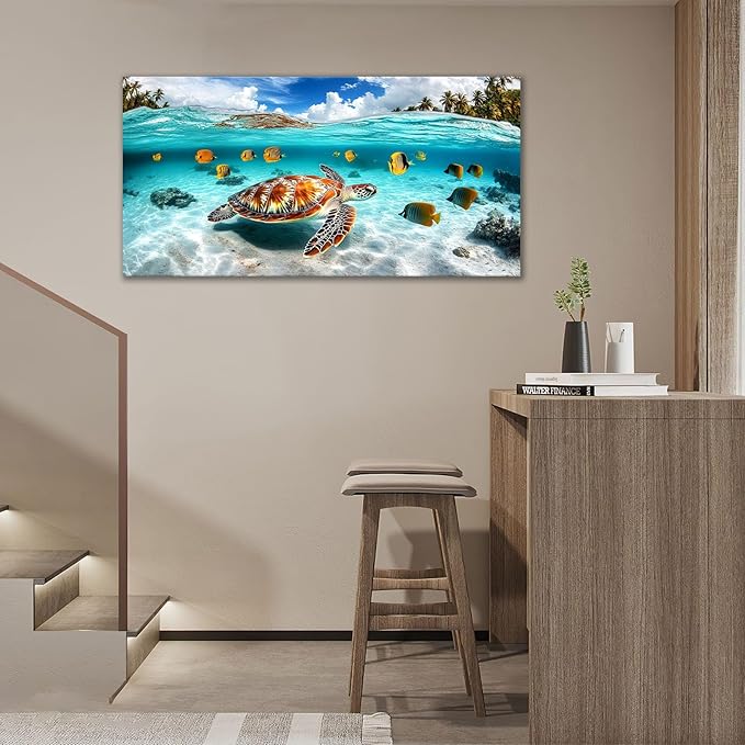 Quorin Sea Turtle Large Wall Art Coastal Undersea Beach Fish Pictures Wall Decor Tropical Island Canvas Print Painting Artwork for Bathroom Living Room Bedroom 30"x60"