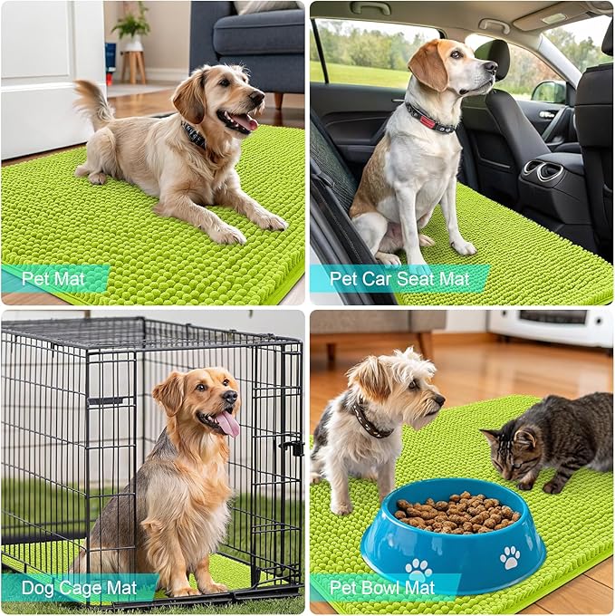 OLANLY Dog Door Mat for Muddy Paws 44x24, Absorbs Moisture and Dirt, Absorbent Non-Slip Washable Doormat, Quick Dry Chenille Mud Mat, Entry Indoor Entryway Carpet for Inside Floor, Bright Green