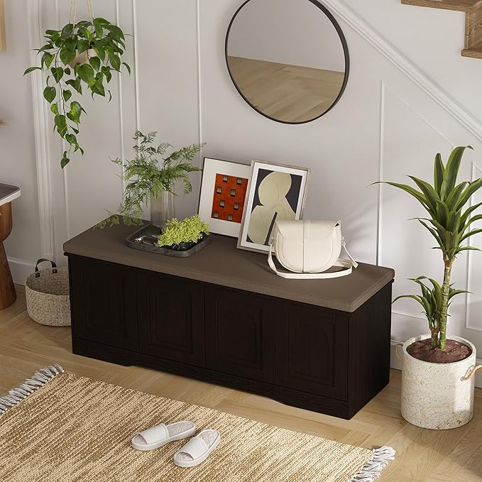 DINZI LVJ Shoe Bench, Entryway Storage Bench with Doors, Cushion, 2-Tier Shoe Rack with 8-Cubby, 47.2”L x 13.8”W Shoe Organizer Cabinet, Adjustable Shelf, Living Room, Bedroom, Espresso