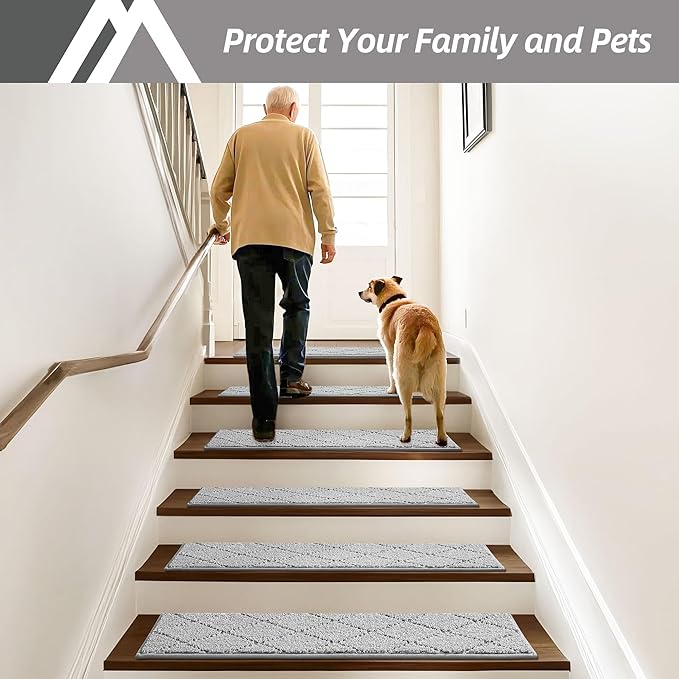 COSY HOMEER Edging Stair Treads Non-Slip Carpet Mat 28inX9in Indoor Stair Runners for Wooden Steps, Edging Stair Rugs for Kids and Dogs, 100% Polyester TPE Backing (7pc, Grey)