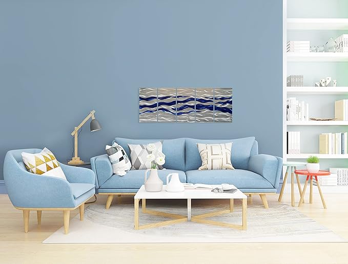 SYGALLERIER Abstract Coastal Metal Wall Art Handcrafted Big 3D Blue and Silver Artwork Modern Sea Waves Pictures Contemporary Sculpture for Living Room Bedroom Bathroom Decor