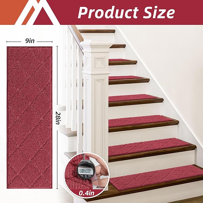 COSY HOMEER Edging Stair Treads Non-Slip Carpet Mat 28inX9in Indoor Stair Runners for Wooden Steps, Edging Stair Rugs for Kids and Dogs, 100% Polyester TPE Backing (7pc, Red, 7)
