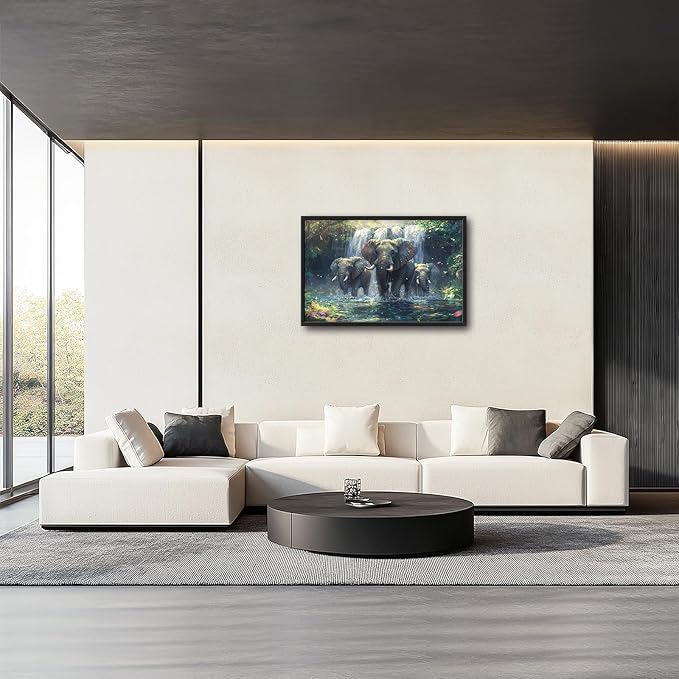 Large Elephant Wall Art for Living Room, Framed Oversized Forest Waterfall Wall Decor, Nature Landscape Canvas Painting Wildlife Artwork for Living Room Dining Room Bathroom Bedroom Office 36"x24"