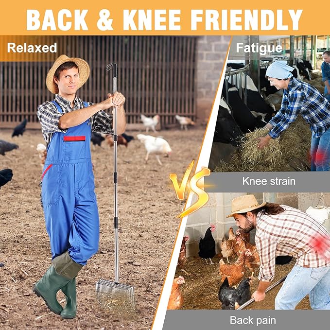 Chicken Poop Scooper 67 inch Adjustable Coop Scooper with 10 inch Metal Sieve for Fast Cleaning, Multi-Purpose Litter Tool for Chicken Coops, Barns & Pet Waste