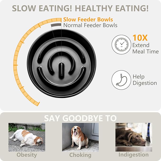 Ceramic Slow Feeder and Water Bowl Set for Small Dogs, Ceramic Dog Bowls Elevated with Wooden Stand, 0.6 Cups Dog Slow Feeder(14oz) and 30oz Water Bowl Set, Black