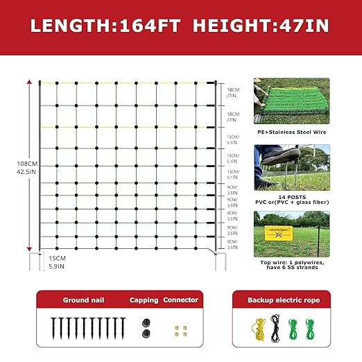 Electric Fence Netting, 164'L x 47.2" H Electric Chicken Fence Kit for Livestock, Farms, Backyards, Garden, Assembled Double Spiked Portable Electric Poultry Farm Fence