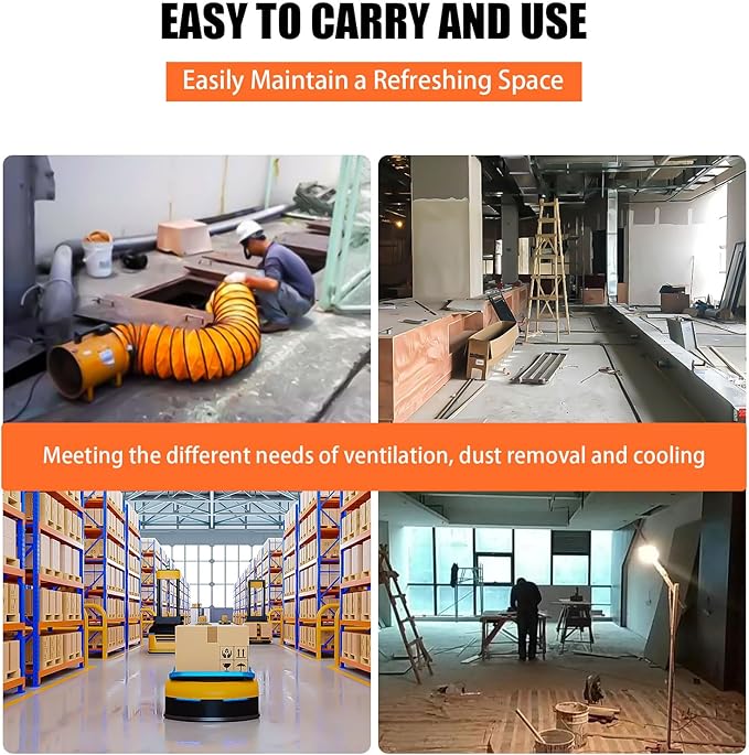 8-Inch High-Velocity Portable Utility Blower Fan, Industrial Exhaust Fan with 33ft Flexible Duct Hose, 3150 RPM Low-Noise Ventilator for Basements, Workshops, Warehouses, and Confined Spaces