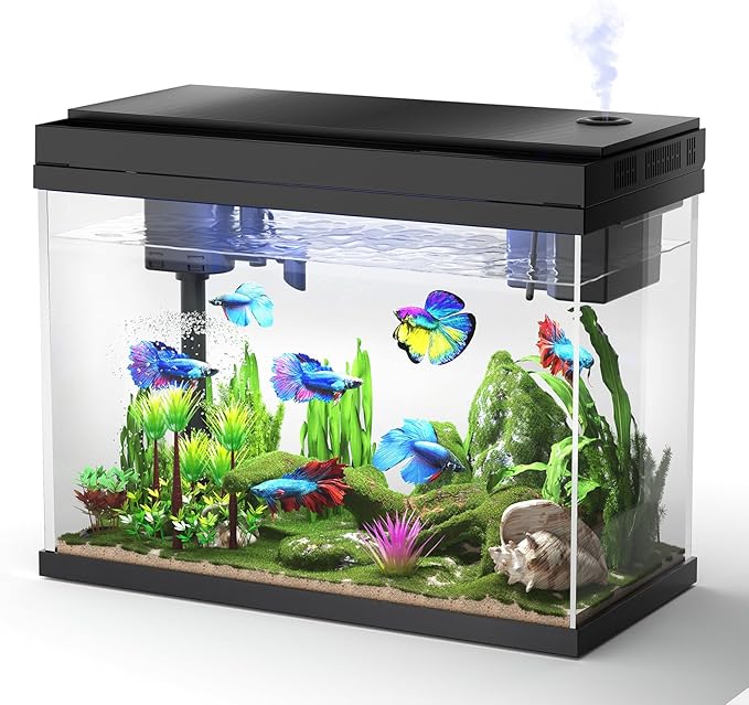 Fish Tank Aquarium Kit, 2.38 Gallon Beta Fish Aquariums, UHD Glass,Temperature Sensing, 7-Color Lighting Small Fish Tank for Kids/Desktop Decor