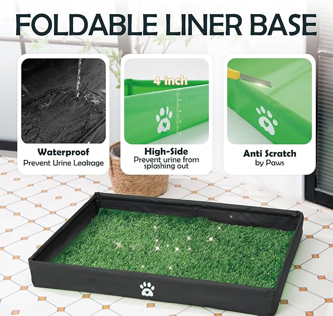 MEEXPAWS Dog Grass Pad with Foldable Dog Litter Box, Large Pee Pad Holder Foldable Liner Base High Side with Odor Free Artificial Grass for Puppy Potty Training Balcony, 2 PCS Reusable Pee Pads