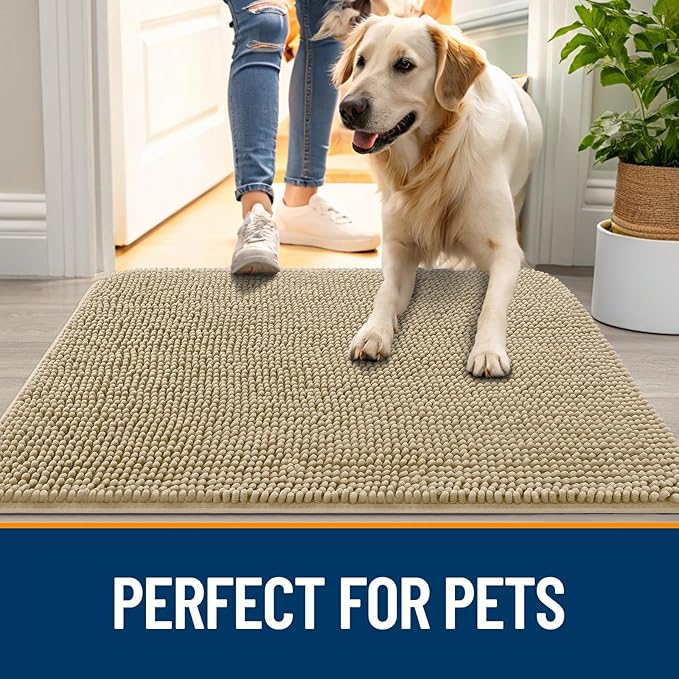OLANLY Dog Door Mat for Muddy Paws 70x24, Absorbs Moisture and Dirt, Absorbent Non-Slip Washable Doormat, Quick Dry Chenille Mud Mat for Dogs, Entry Indoor Entryway Carpet for Inside Floor, Beige