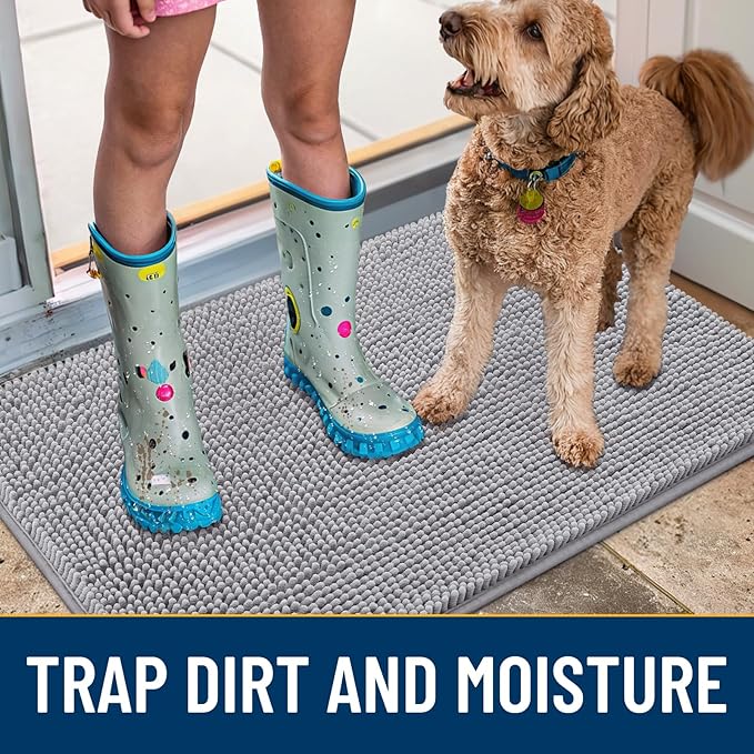 Smiry Dog Door Mat for Muddy Paws 70x24, Absorbs Moisture and Dirt Doormat, Non-Slip Washable Quick Dry Chenille Front Door Mat Indoor Entrance, Entryway Carpet for Inside Floor, Light Grey