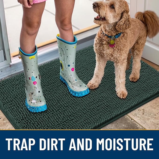 Smiry Dog Door Mat for Muddy Paws 30x20, Absorbs Moisture and Dirt Doormat, Non-Slip Washable Quick Dry Chenille Front Door Mat Indoor Entrance, Entryway Carpet for Inside Floor, Green