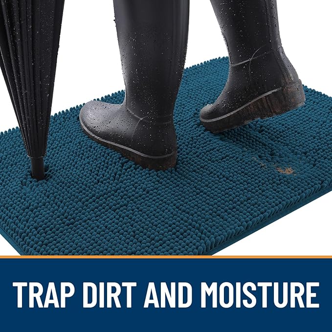 OLANLY Dog Door Mat for Muddy Paws 24x16, Absorbs Moisture and Dirt, Absorbent Non-Slip Washable Doormat, Quick Dry Chenille Mud Mat, Entry Indoor Entryway Carpet for Inside Floor, Atlantic Blue