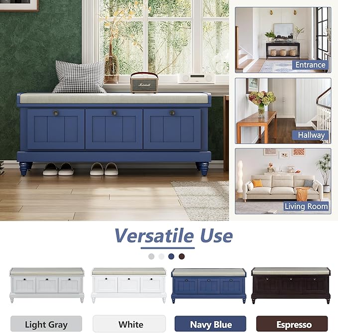 Classic Shoe Storage Bench with Cushion and Three Drawers, Fluted Entryway Bench with Storage for Entryway, Living Room, Hallways 44.0" L x 15.9" W x 18.9" H Antique Navy