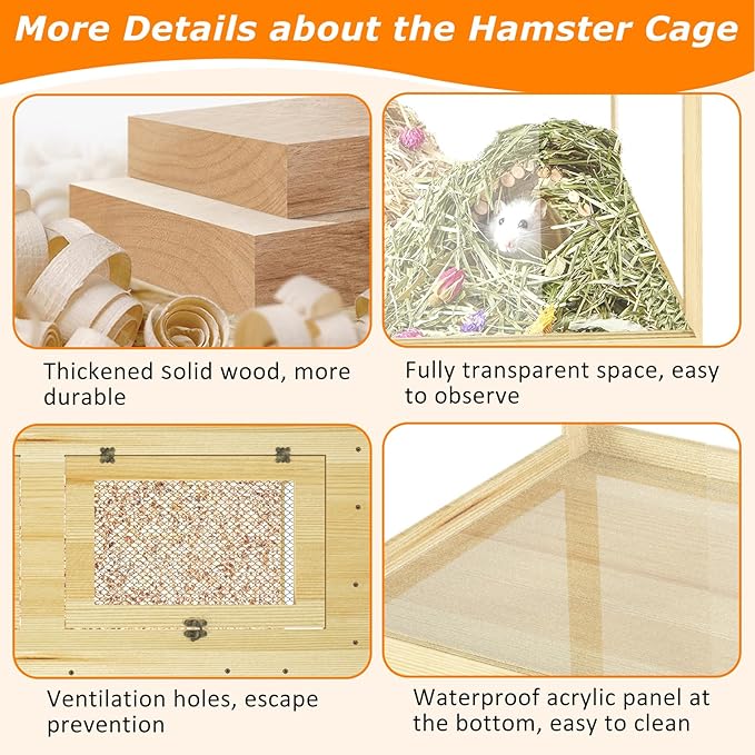 Large Hamster Cage 48", Front Opening Lockable Sliding Door Gerbil Cage, Dwarf Hamster Cage with Metal Mesh Roof, Chewproof Syrian Hamster Habitat Enclosure, (Wooden, 48" L x 20" W x 20" H)