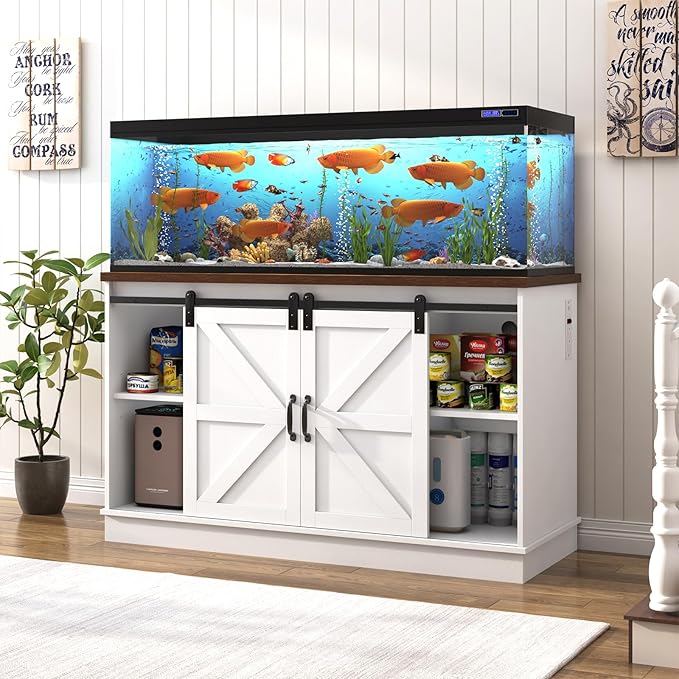 Farmhouse 55-75 Gallon Fish Tank Stand with Power Outlet, Aquarium Stand with Cabinet&Sliding Barn Door, Heavy Duty Reptile Tank Stand for 2 Fish Tank/Turtle Tank/Reptile Terrarium, White